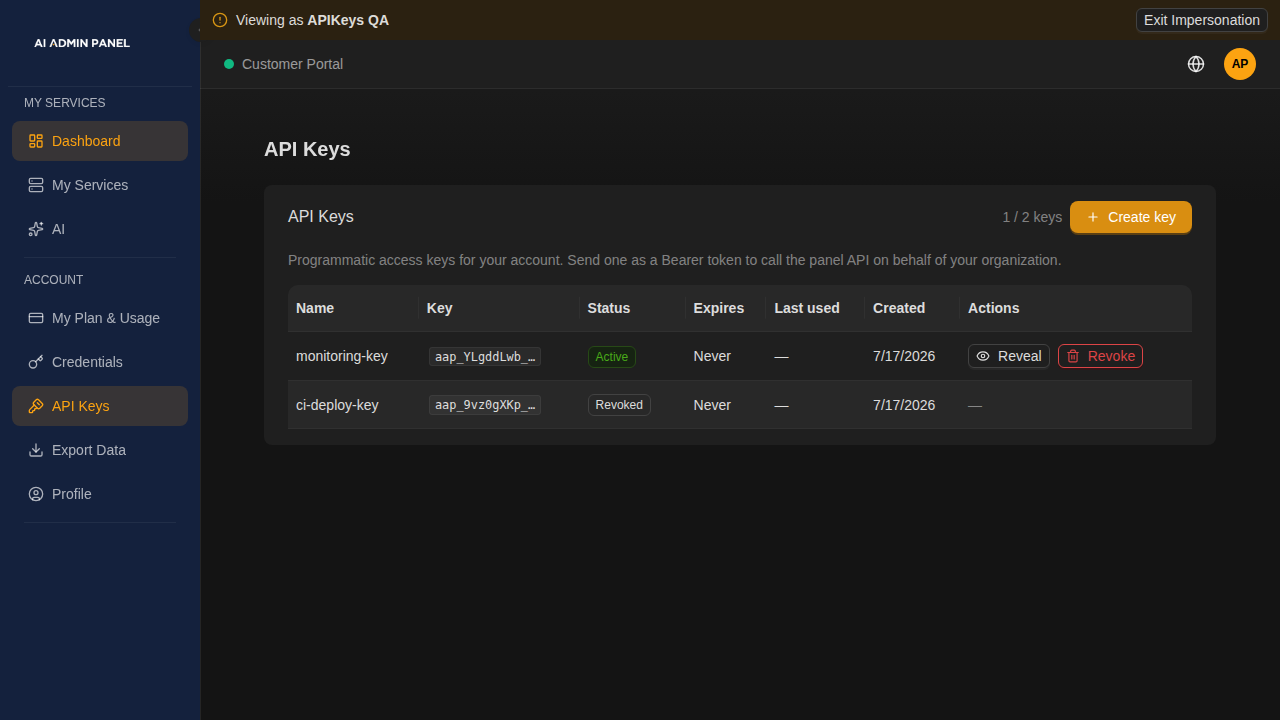The customer portal API Keys page, showing an active key and a revoked key